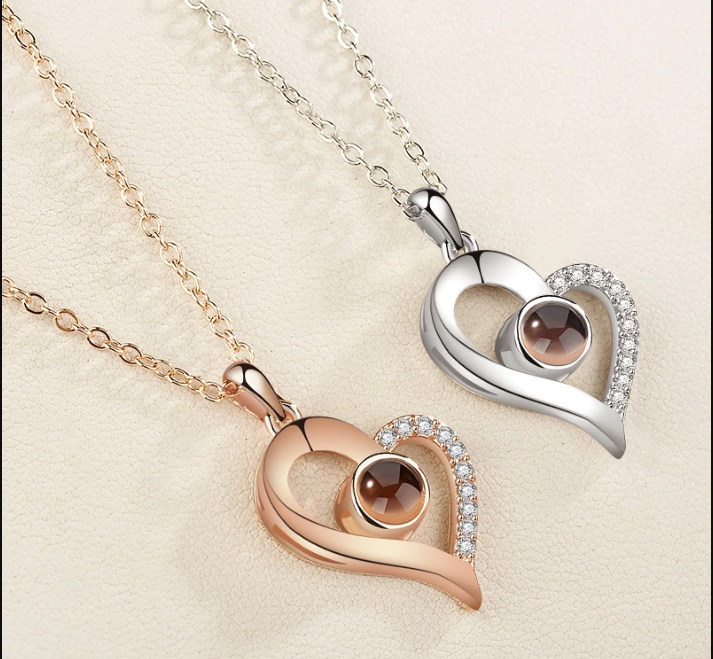 I Love You in 100 Languages Projection Heart Necklace 2 Colours