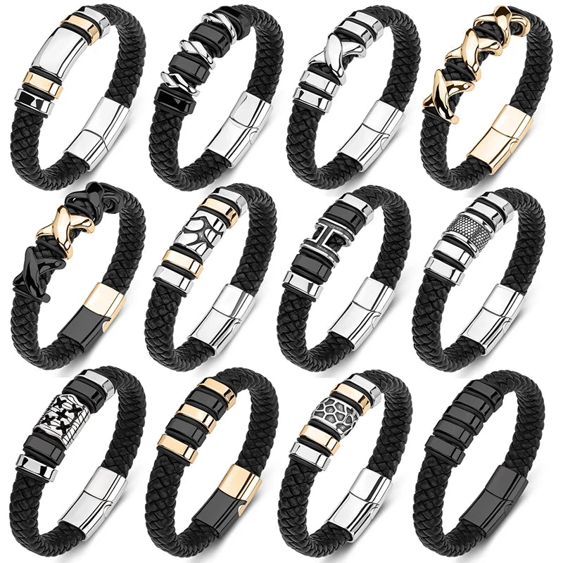 BLACK LEATHER & STAINLESS STEEL ICON BRACELET - 12 Designs!