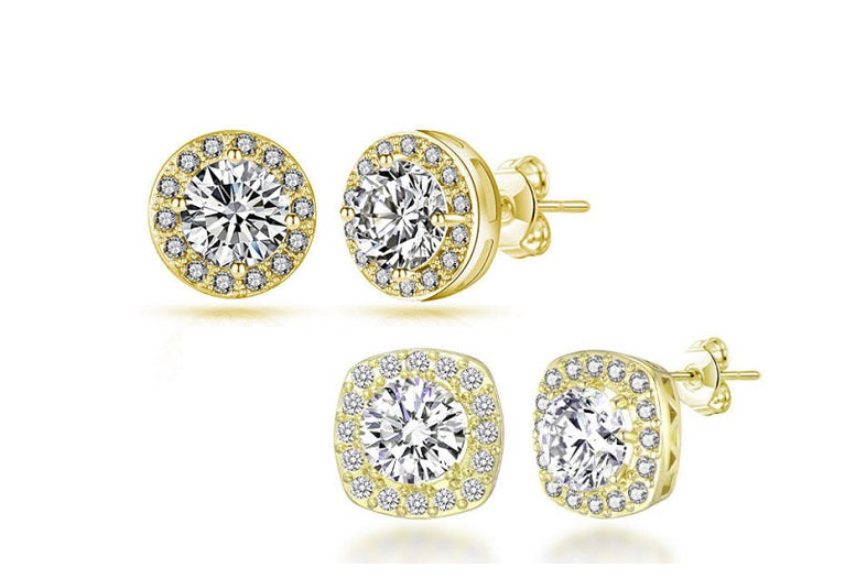Delicate Round & Square Sparkle Halo Stud Earrings - 3 Colours!