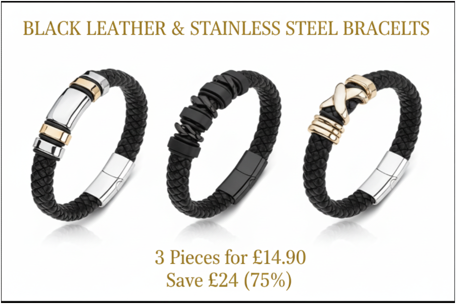 BLACK LEATHER & STAINLESS STEEL ICON BRACELET - 12 Designs!