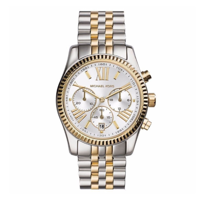 Michael Kors MK5955 two-tone watch with Roman numeral dial and fluted bezel