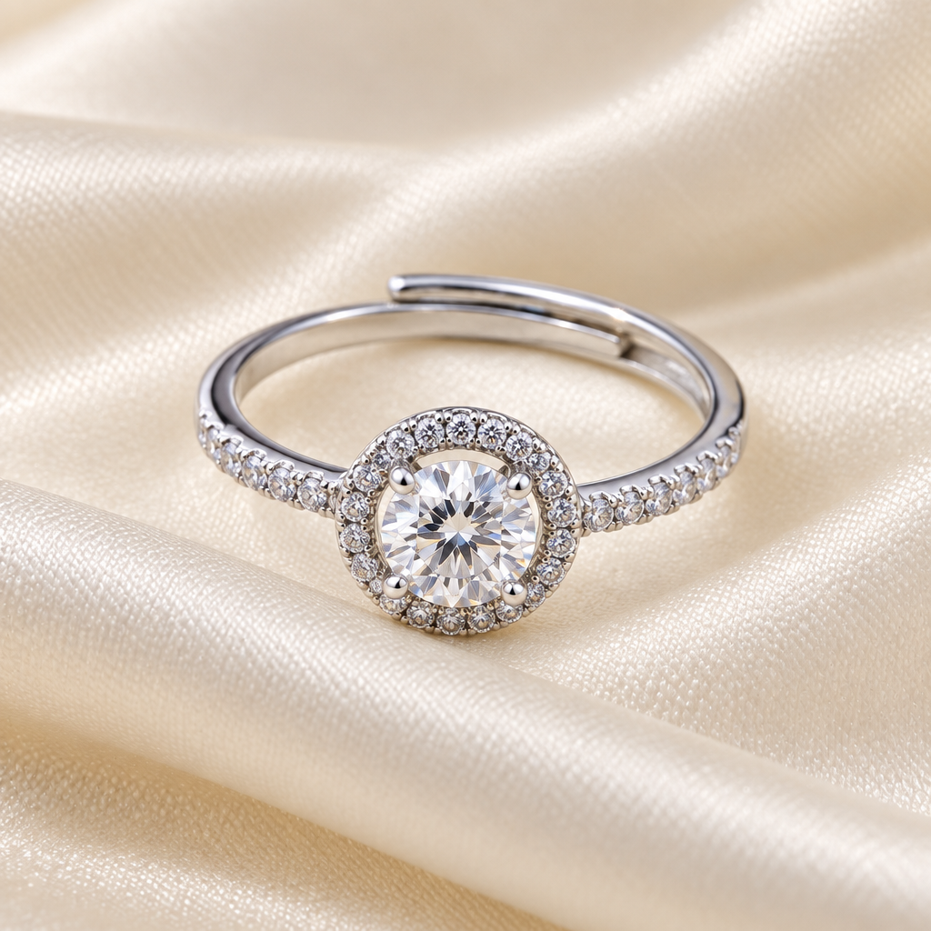 Round Halo Moissanite Ring in 925 Sterling Silver – Adjustable Size