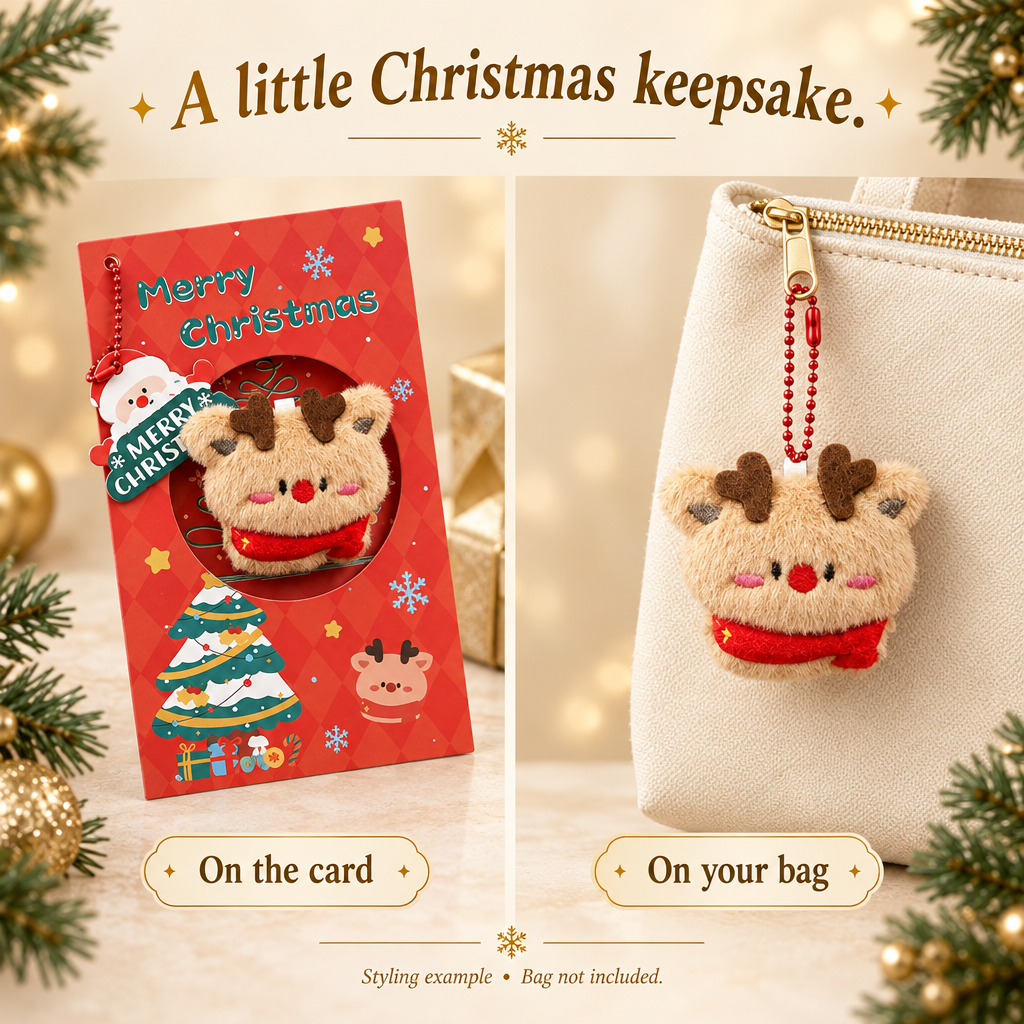 Styling example of detachable Christmas reindeer plush on its greeting card and on a bag. Bag not included.