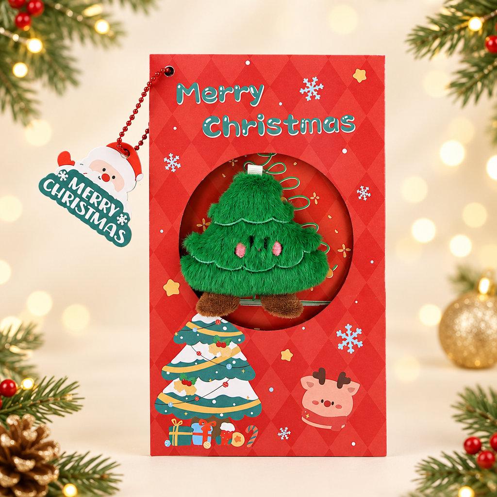 Christmas greeting card with tree plush character.