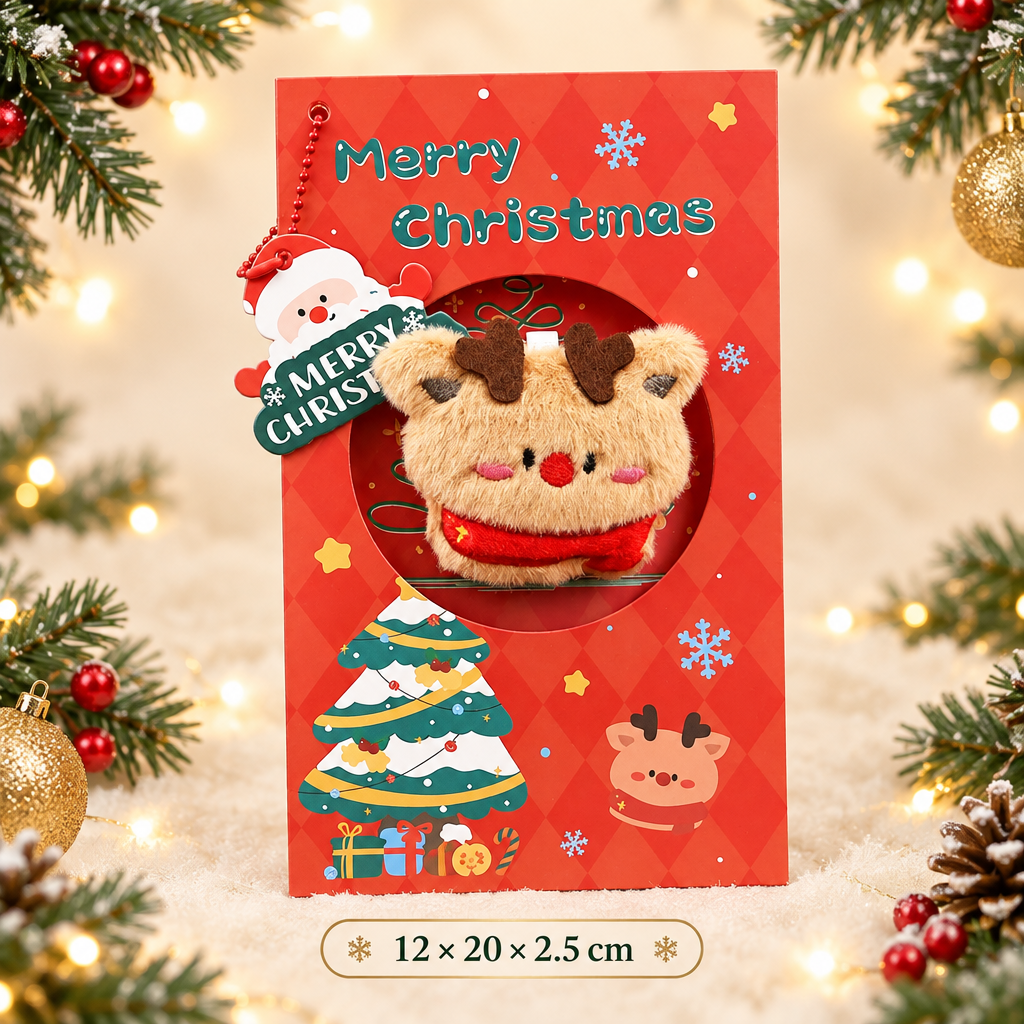 Reindeer plush Christmas greeting card with dimensions.
