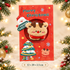 Reindeer plush Christmas greeting card with dimensions.