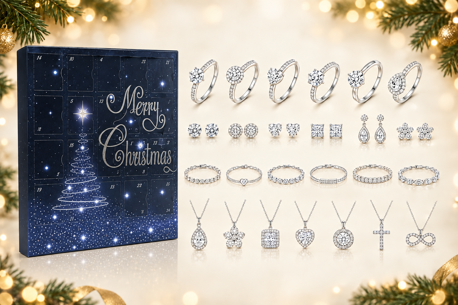 Blue Christmas jewellery advent calendar with rings, earrings, bracelets and pendants