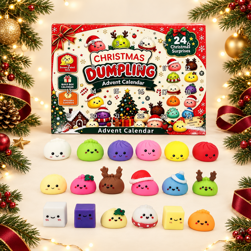 Festive Christmas Dumpling Advent Calendar banner with colourful squishy characters.