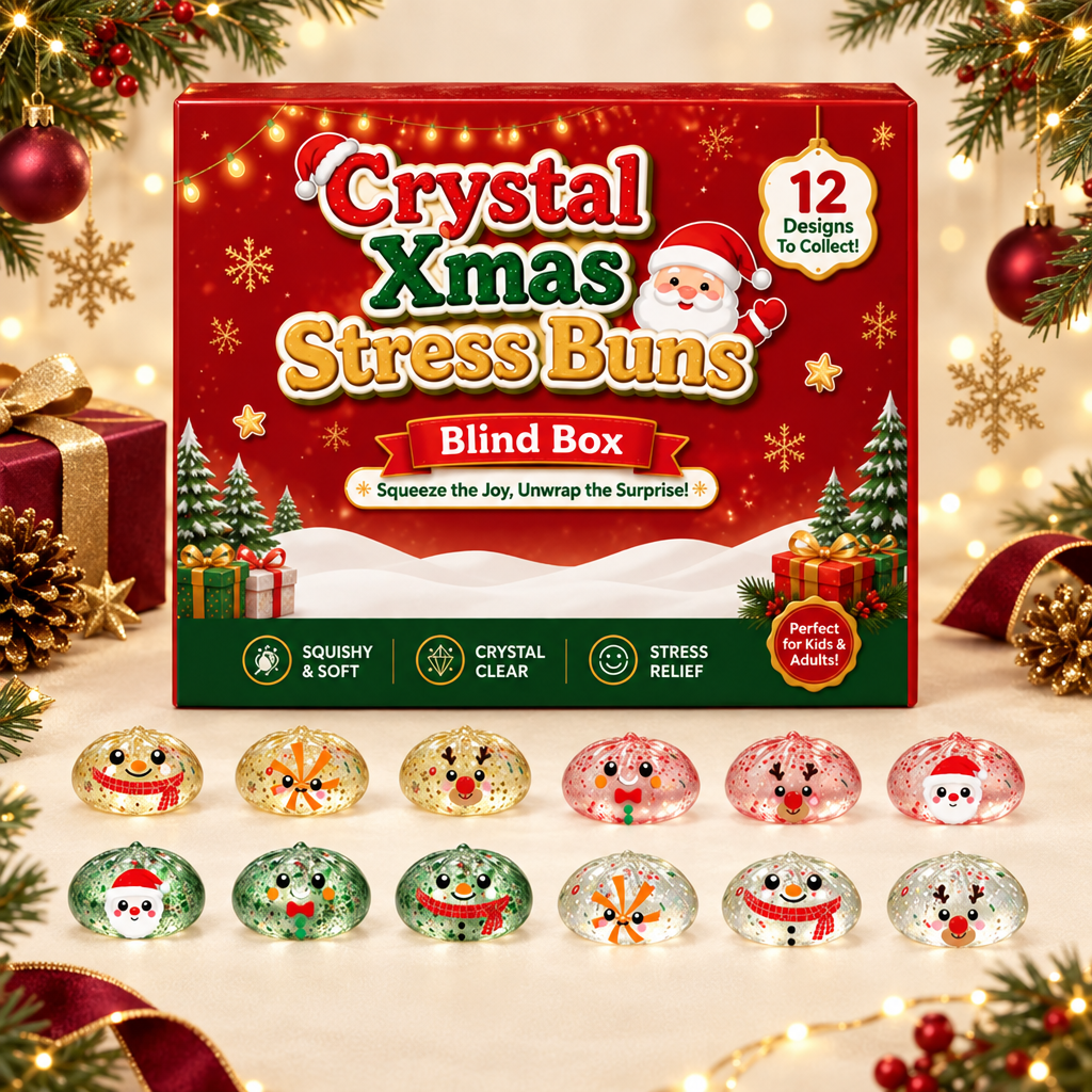 Festive Crystal Xmas Stress Buns banner with Christmas packaging and translucent squishy designs.