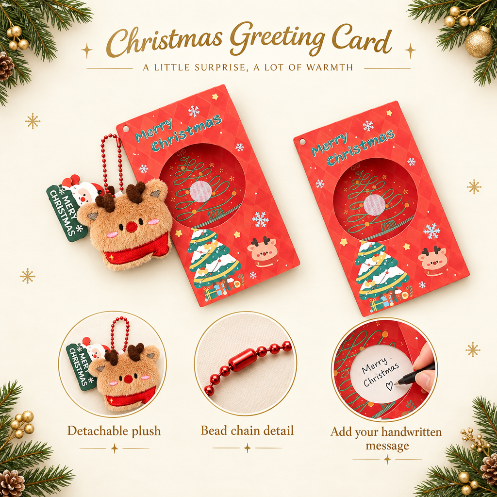 Detachable reindeer plush and handwritten message details.