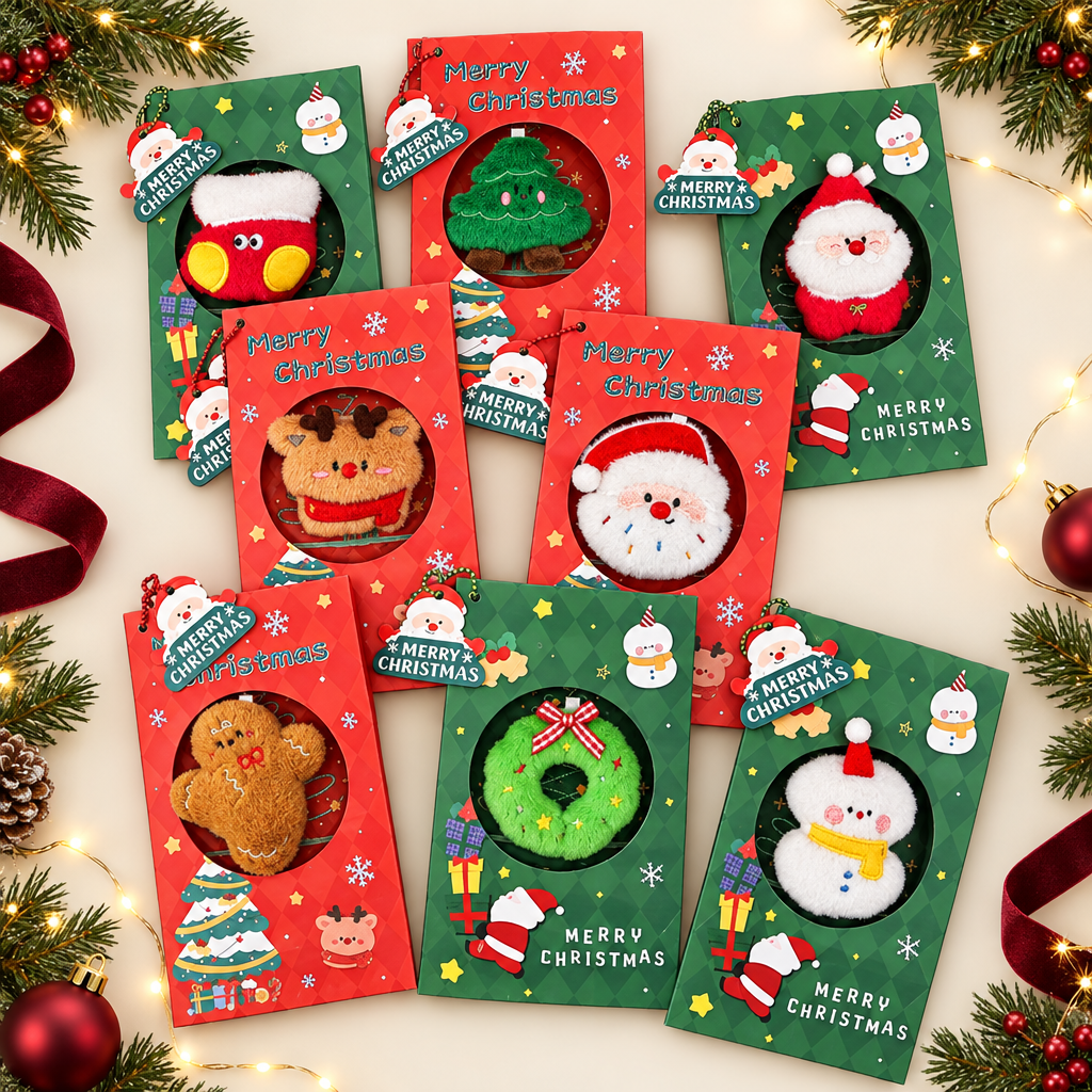 Eight Christmas greeting card designs with detachable plush characters.