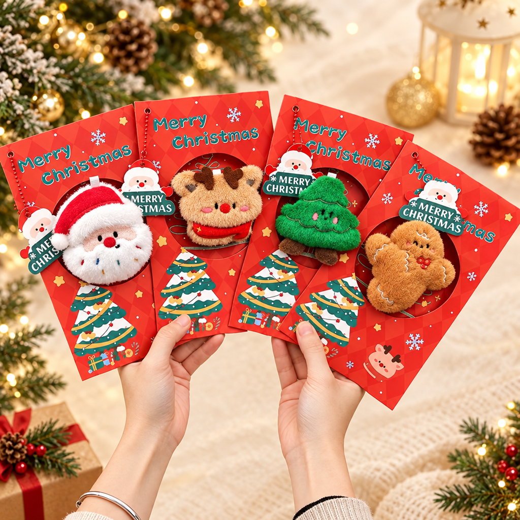 Christmas plush greeting cards held in hands.