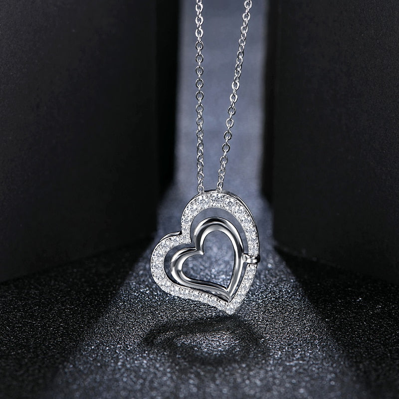 Double Heart 925 Sterling Silver Necklace Color Vvs1