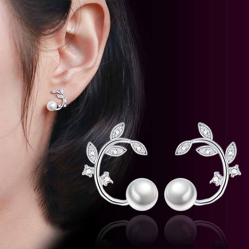 925 Sterling Silver Simple Tree Branch Crystal Pearl Earrings