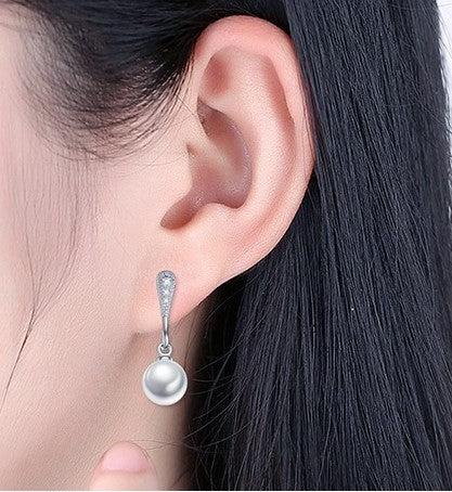 Sterling Silver 925 White Freshwater Pearl Cubic Zirconia Drop Earrings