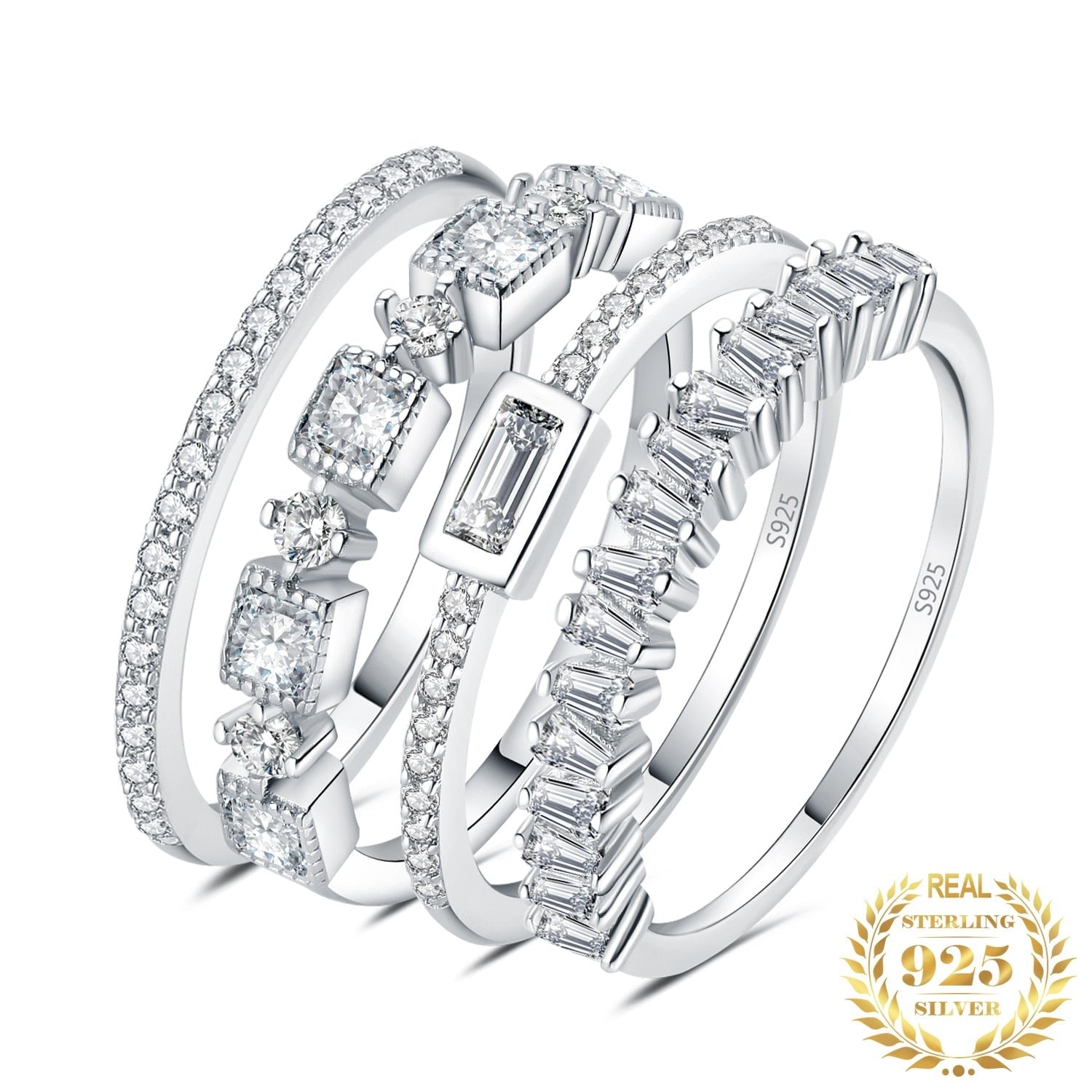 4 Pcs 925 Sterling Silver Band Solitaire Eternity Stacking Rings