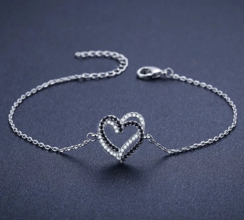 Black & White Crystals Double Heart Bracelet in Sterling Silver