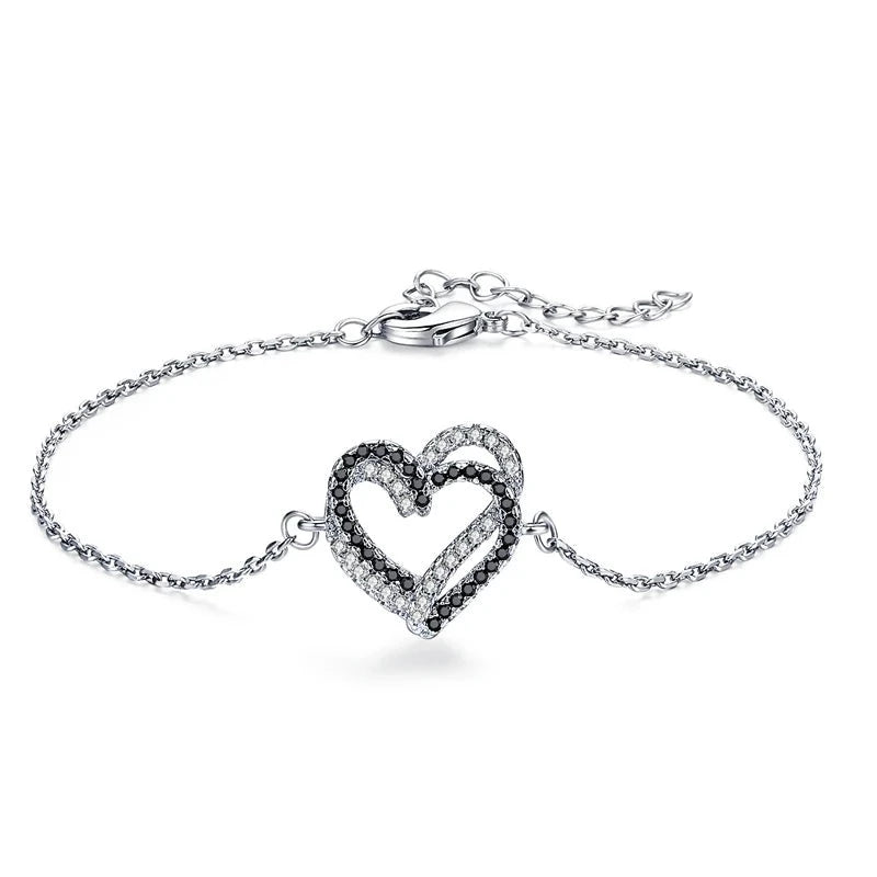 Black & White Crystals Double Heart Bracelet in Sterling Silver