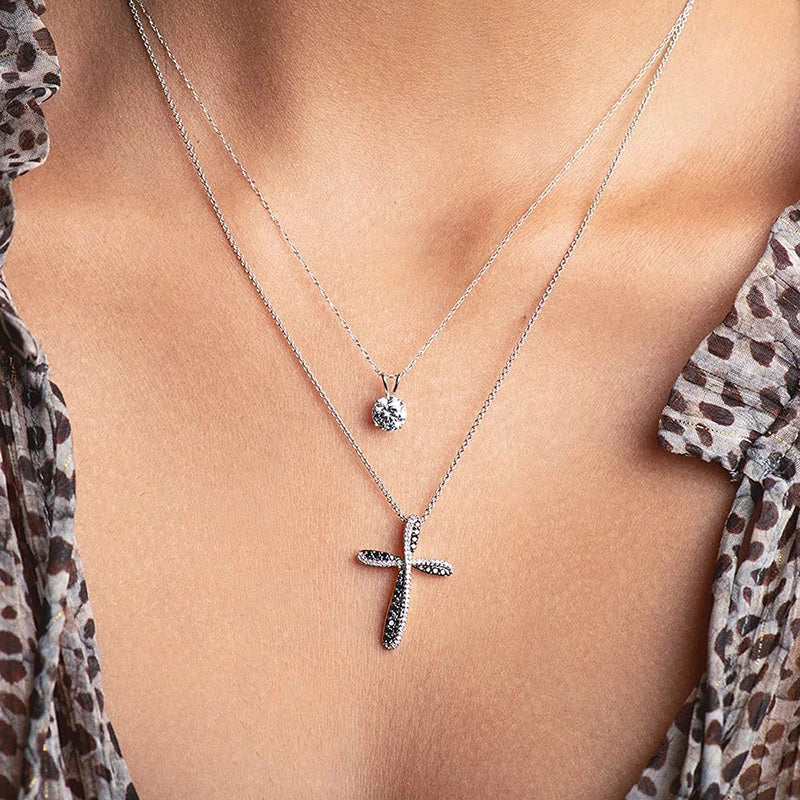 Exquisite Black & White Crystals Cross Necklace!