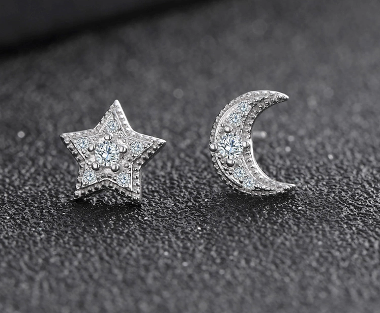STERLING SILVER CUBIC ZIRCONIA STAR AND MOON STUD EARRINGS