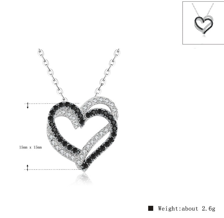 Black & White Crystals Double Heart Necklace in Sterling Silver
