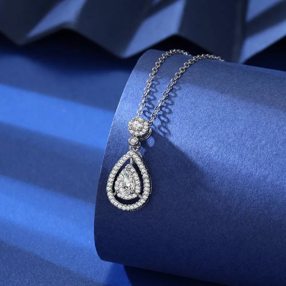 Sterling Silver Halo Teardrop Necklace Pave Setting!
